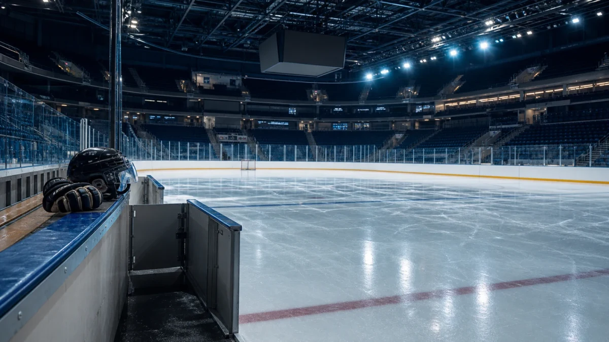 Tom ishockeyrink med hjälm och handskar på spelarbåset
